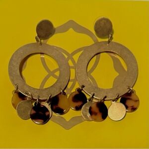 Gold Tone Circle Hoop Earrings w/ Brown Tortoise & Disc Charms